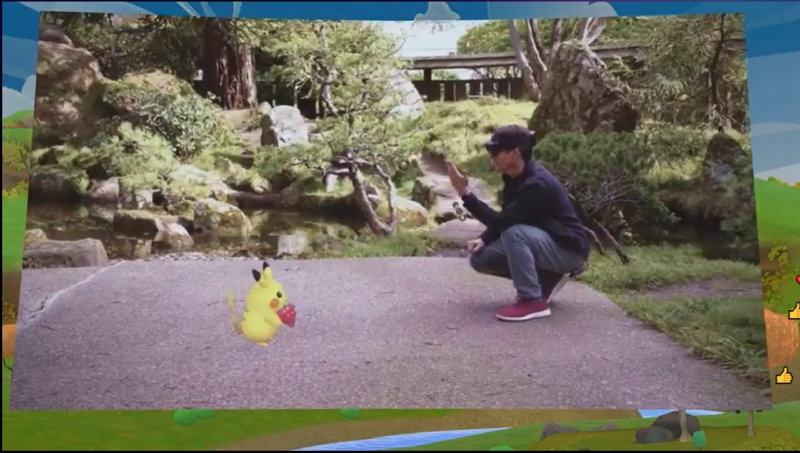 Igniteの基調講演で行なわれたナイアンテックのHololens用PoC版Pokémon Goのデモ(Igniteの基調講演より筆者キャプチャ)