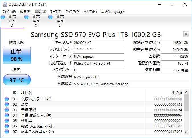Samsung SSD 970 EVO PlusのCrystalDiskInfo実行画面