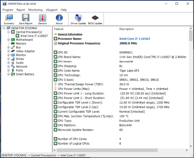 XPS 13(9310)のCPUの仕様をHWiNFO64から見ると、Configurable TDP Level 2(Up)が15Wと表示されていた