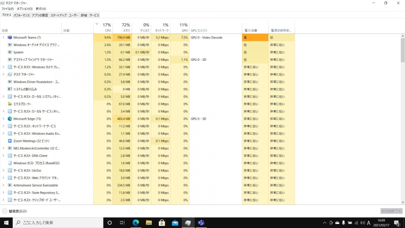 「Microsoft Team」でビデオ会議中のCPU使用率は9.4％前後で推移した