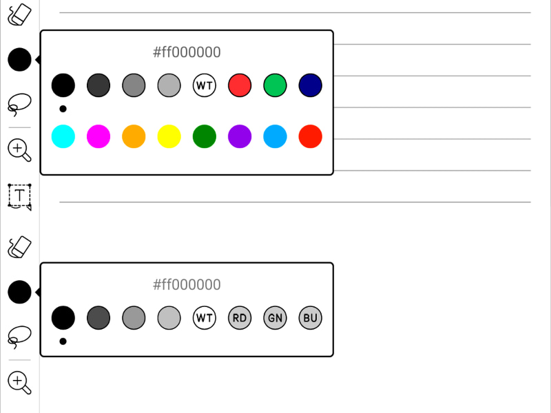 本製品の目玉はカラーが使えることだ(上)。ただし色数は大きく増える一方で、従来のパレット(下)にあった「RD」、「GN」、「BU」がなくなっている