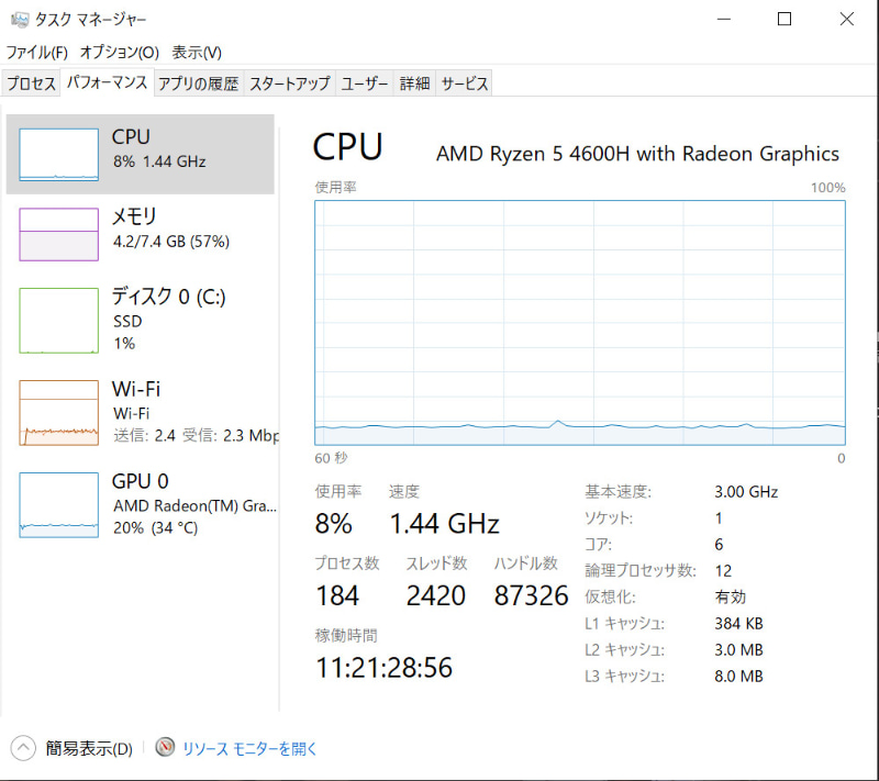 PC負荷：Microsoft Teams ノイズ抑制「低」