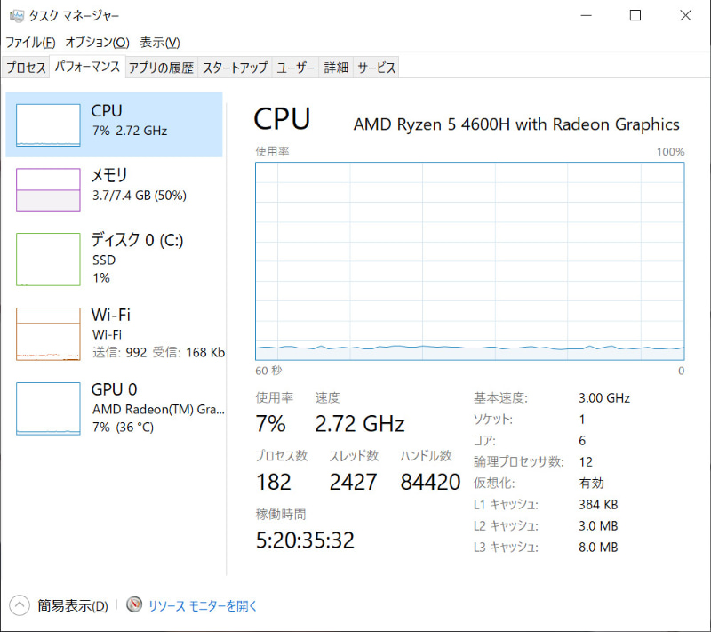 PC負荷：Zoom 背景雑音を抑制「高」