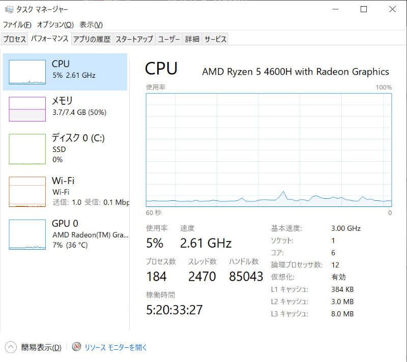 PC負荷：Zoom 背景雑音を抑制「中程度」