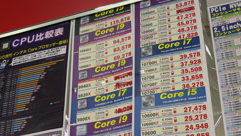 各ショップのカウンター回りには、新旧CPUの価格表が並んでいる。その数に圧倒！この記事が掲載されるときには、表の中に第11世代インテルCoreプロセッサーが並んでいることだろう