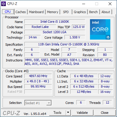 Core i5-11600KのCPU-Z実行画面