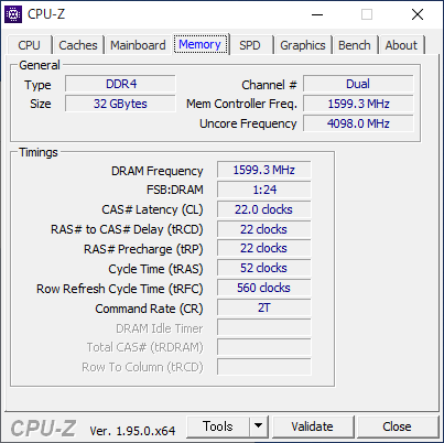 DDR4-3200メモリでのGear 1動作。DRAM Frequency(メモリ)とMem Controller Freq(コントローラ)が約1,600MHzで同期していることが確認できる