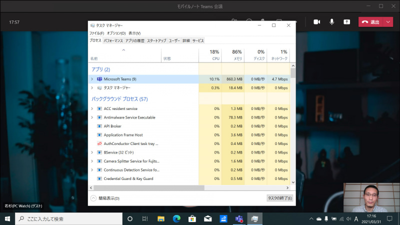 Microsoft Teamsで会議中のCPU使用率は10％前後。冷却ファンなどのノイズは一切聞こえない