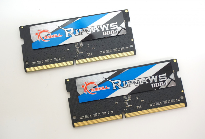 G.Skill InternationalのDDR4-3200対応SO-DIMMメモリ「F4-3200C16S-8GRS」。8GBモジュールの2枚組だ