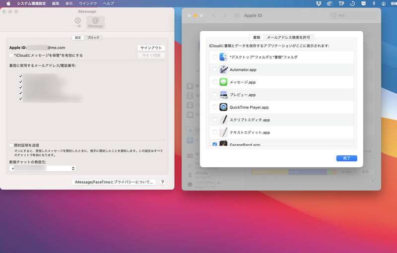 「iCloudに保存」で表示される項目は「システム環境設定」の「Apple ID」パネルの「iCloud」→「iCloud Drive」や、「写真」アプリや「メッセージ」アプリの環境設定からオン/オフを変更できます
