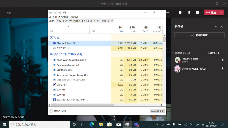 Microsoft Teamsで会議中のCPU使用率はおおよそ8％前後で、負荷は少ない