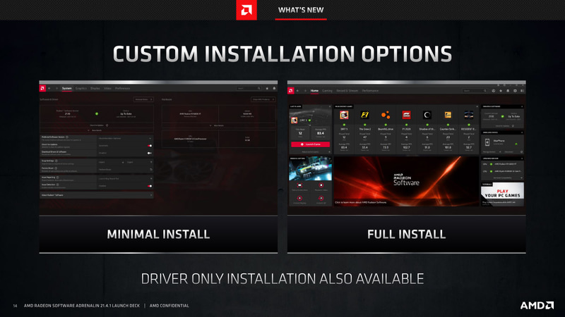カスタムインストールで、ゲーム最適化やストリーミング関連の機能を非表示にするMinimal Installが選択可能なほか、ドライバだけのインストールも対応