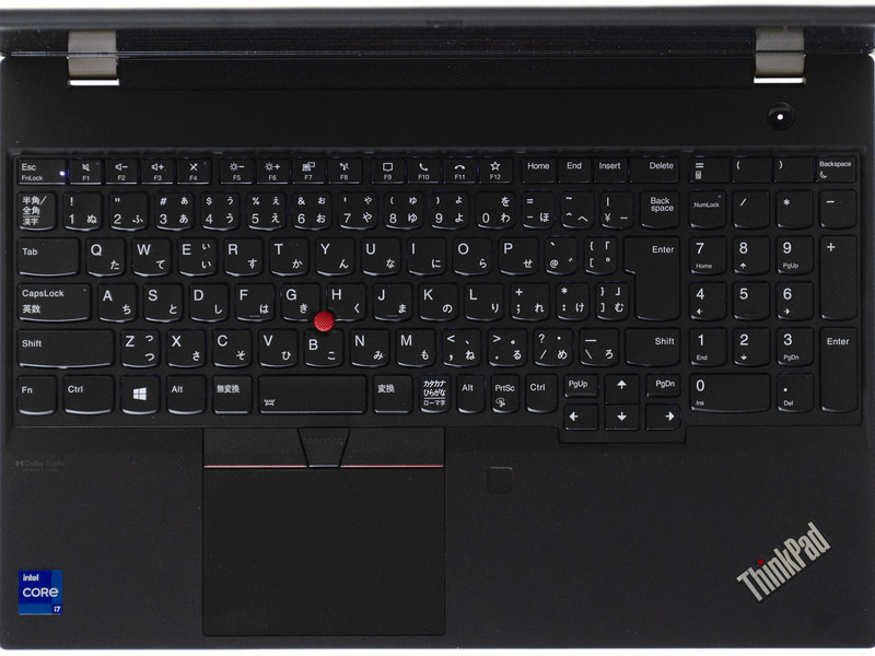 キーボード。テンキーありの日本語配列。打鍵感はいつものThinkPad。上のメッシュにスピーカー
