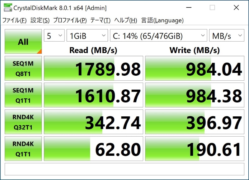 CrystalDiskMark 8.0.1のスコア。BTOではより高速なWD Blue SN550も選ぶことができる