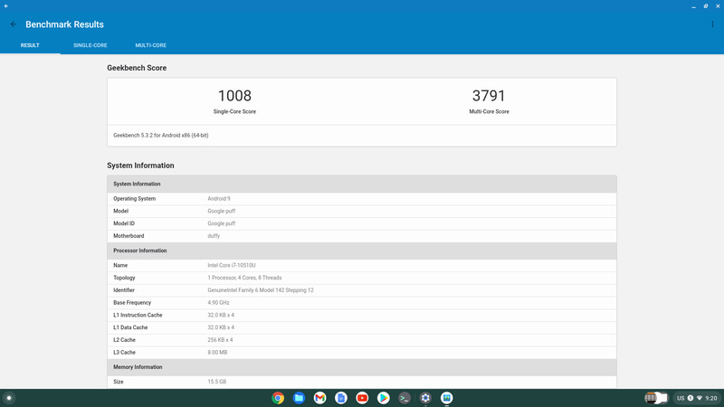 Geekbench 5。1,008(Single Core)/3,791(Multi Core)