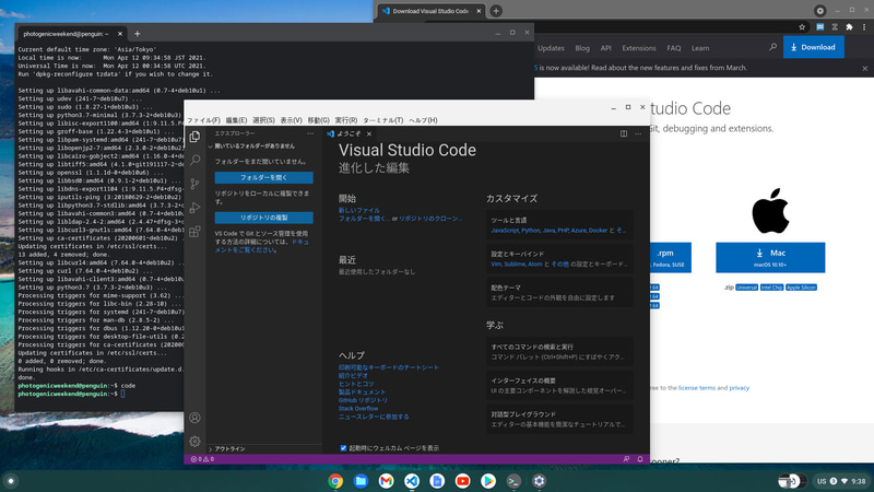 Linux環境。Visual Studio Codeを起動。Microsoftのサイトから.debをダウンロードしインストールできる