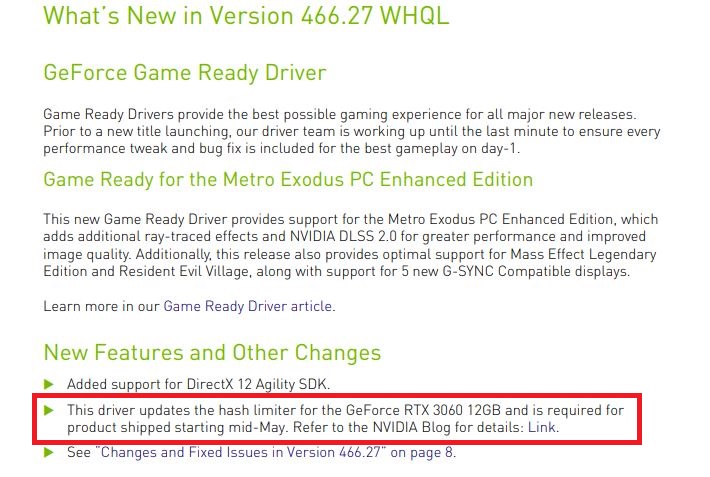 5月中旬以降のGeForce RTX 3060では466.27が必要で、その際にマイニングのハッシュレートを制限するという