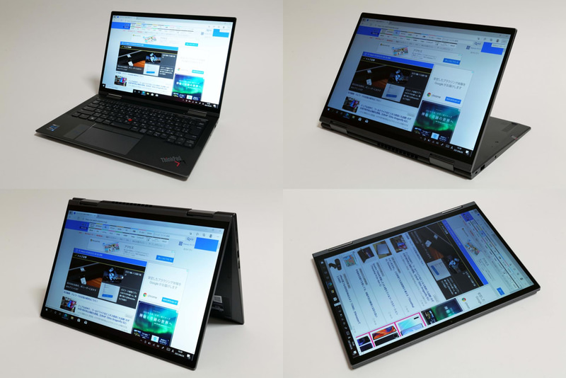 360度ヒンジにより、ノートPC、スタンド、テント、タブレットなど様々なスタイルで利用できる