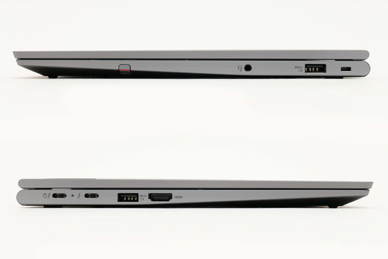 右側面(写真上)にスタイラスペン「ThinkPad Pen Pro」、3.5mmコンボジャック、USB 3.0(Powered USB対応)、セキュリティキーホール。左側面(写真下)にThunderbolt 4(USB4)×2、USB 3.0、HDMIを用意