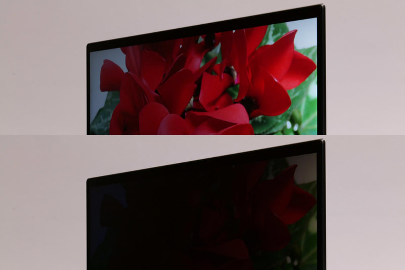 上が通常状態、下がThink Privacy Guardをオンにした状態。斜め横からはほとんど画面が見えなくなる