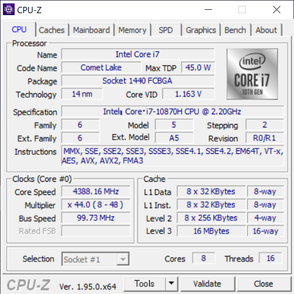 CPUは「Core i7-10870H」。ノート向けながら8コア/16スレッドの多コア構成が特徴で、最大ブーストクロックは5GHzに達する。ここ最近のゲーミングノートPCで採用例が非常に多いCPUだ