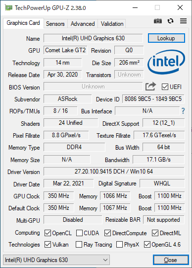 GPUはCPU内蔵のIntel UHD Graphics 630を使用する
