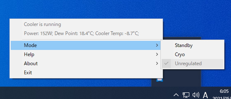 Unregulatedモードで動作中。露点温度を下回ってもペルチェ素子は152Wで動作しており、クーラー温度は-8.7℃まで低下している