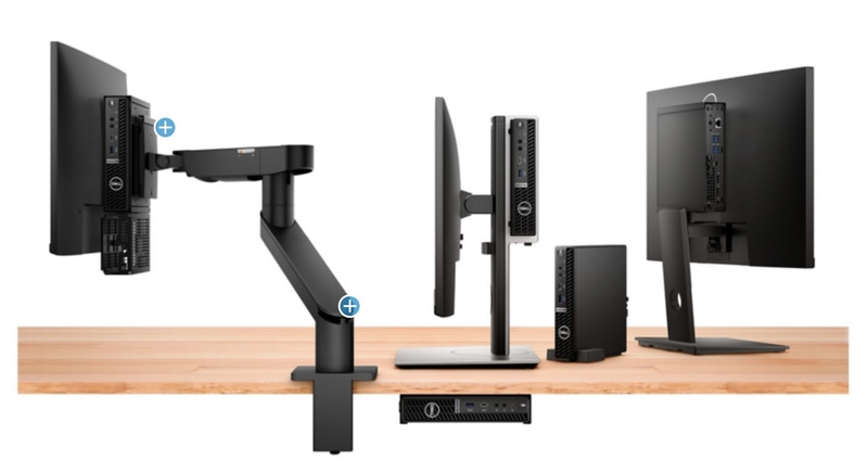 豊富なマウントオプションが用意されており、さまざまな設置方法が可能。液晶ディスプレイの背後にマウントしたり、机の下へマウントすれば、実質的にゼロスペースで設置できる