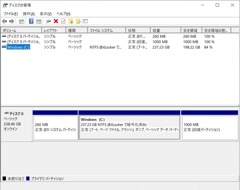 ストレージのパーティション。C:ドライブのみの1パーティションで約237GBが割り当てられている。BitLockerで暗号化