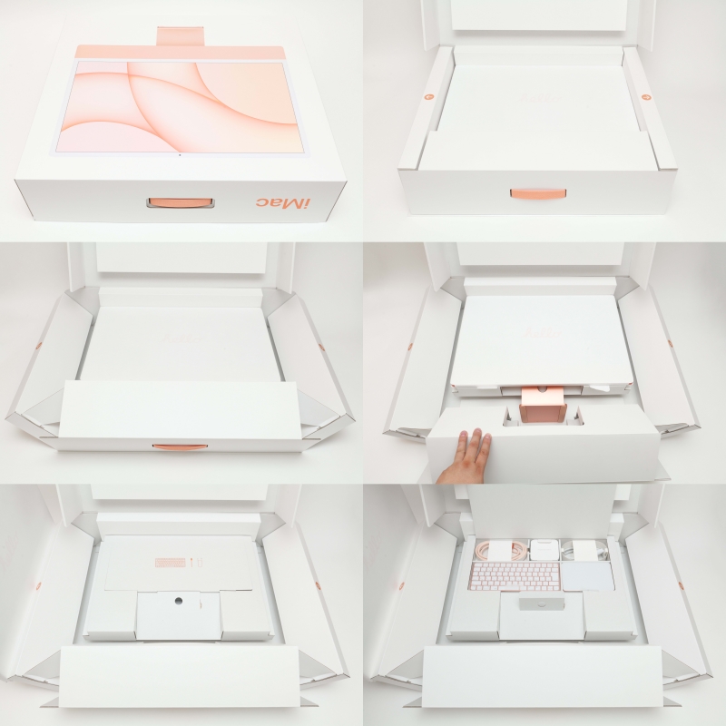 左上から右下に開梱方法の写真を配置した。iMac本体を取り出した下のスペースには、すべての同梱品が収められている