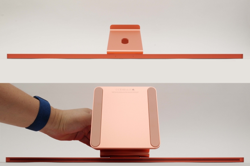 本体底面左右に空間オーディオに対応した6スピーカーシステムを内蔵。中央にも細かい穴が空いているのは放熱のためだ