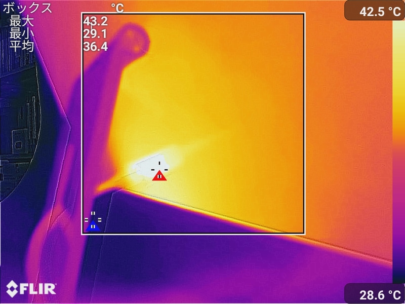 電源コネクタ付近の最大温度は43.2℃
