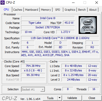 CPUはCore i9-11980HKが搭載されている、L3キャッシュは24MB