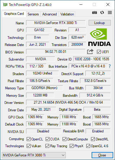 GeForce RTX 3080 Ti Founders EditionのGPU-Z実行画面