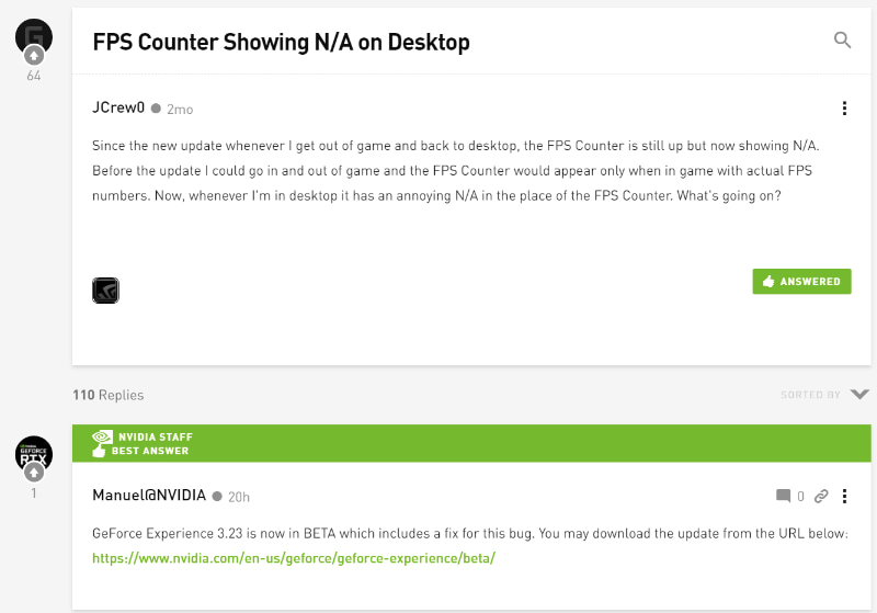 公式フォーラムにてNVIDIAのスタッフがベータ版のGeForce Experienceを利用するように推奨
