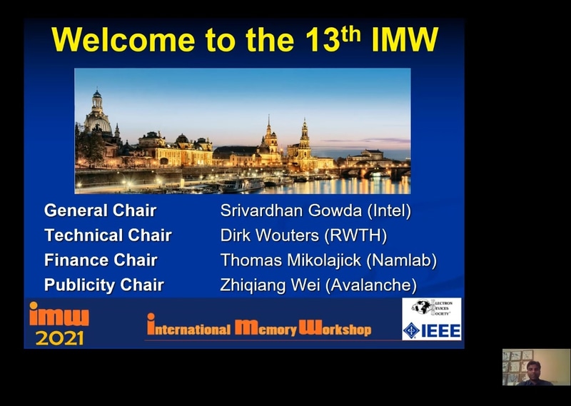 2021年の国際メモリワークショップ(IMW 2021)の開会を告げる講演スライド。チェアパーソンによる開会挨拶(オープニング・リマーク)から