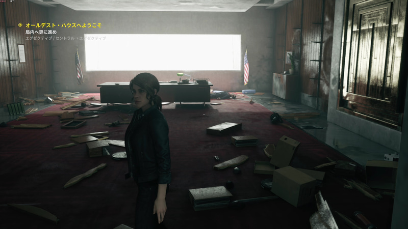 暴れ切った後の長官の部屋。壁面の本棚なども破壊できるのは面白い