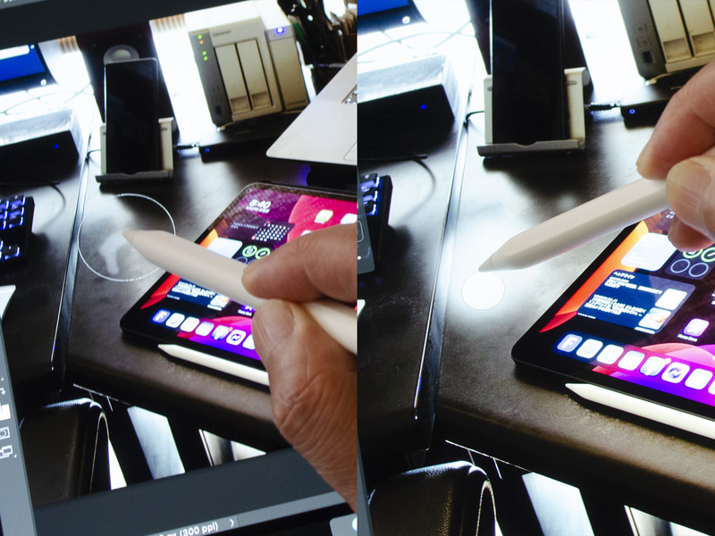 Sidecar+Apple Pencil+Photoshop(左)とiPadOS+Apple Pencil+Photoshop(右)のブラシの違い