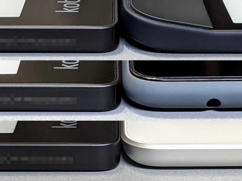 厚みの比較。左がいずれも本製品、右は上からKobo Forma、Fire HD 10、iPad。Kobo Formaのようなグリップ部と画面部の厚みの違いはほぼない