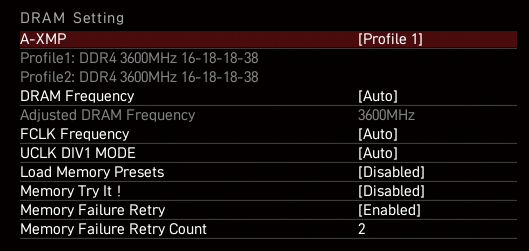 OCメモリはUEFIメニューでOCで動作するためのプロファイル「XMP」を有効にしないと定格で動作してしまう。たとえばDDR4-3600対応のOCメモリでも、定格ではDDR4-2666などになっていることがほとんどだ
