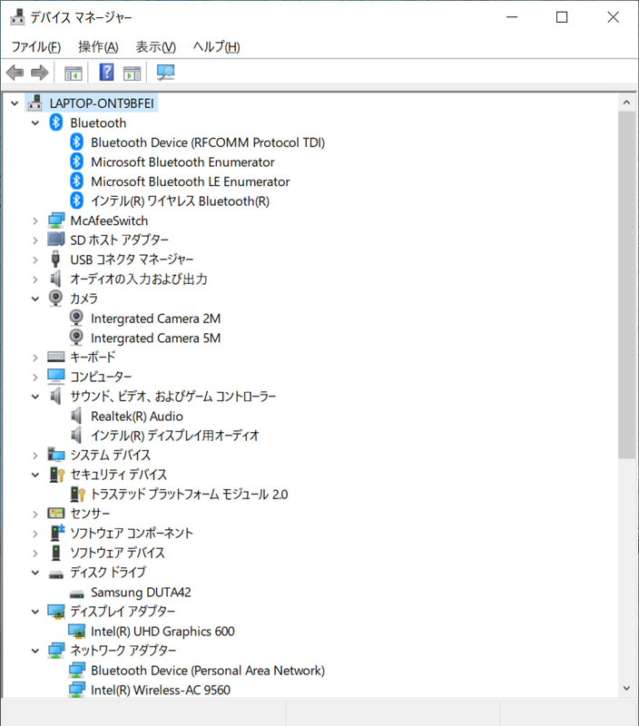デバイスマネージャ/主要なデバイス。ストレージはeMMC 128GBの「Samsung DUTA42」。Wi-FiおよびBluetoothはIntel製