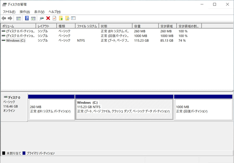 ストレージのパーティション。C:ドライブのみの1パーティションで約115GBが割り当てられている
