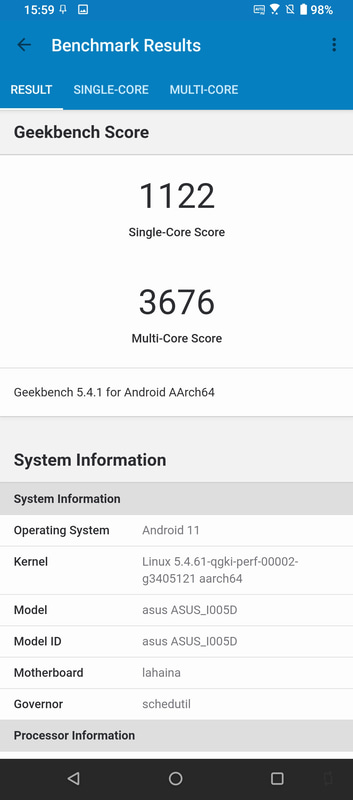 Geekbench 5.4.1(1/2)。Single-Core 1,122、Multi-Core 3,676