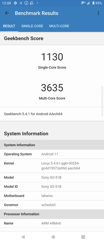Geekbench 5.4.1(1/2)。Single-Core 1,130、Multi-Core 3,635