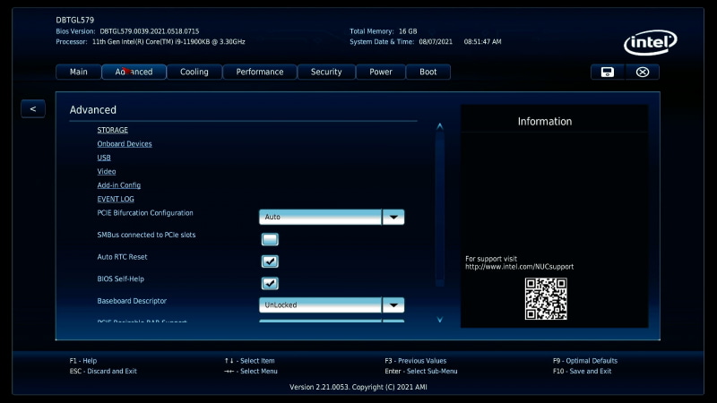BIOSのAdvancedタブの画面