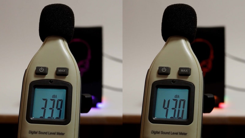 空調を切った閉め切った部屋で、本製品がアイドル状態(冷却ファンオフ)のときに簡易騒音計が示す値は33.9dB。「Cinebench R23」実行中、最も冷却ファンが高速に回ったときの値は43dB。パフォーマンス・モードが「MAX PERFORMANCE ENABLED」、ファンモードが「冷却」の状態でも意外に静かだ