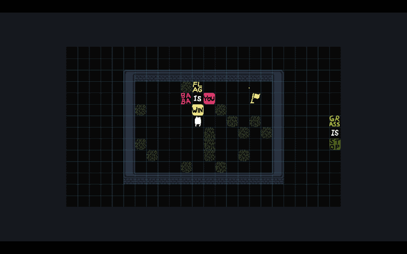 1つの「IS」を2つのルールで使用する分かりやすい例がこちら。このステージはよく見ると、操作できるオブジェクトがルールの文字オブジェクトのみで、さらに「FLAG」と「WIN」しかなく、「IS」が足りないため、そのままだと勝利条件のルールが策定できないため、「BABA IS YOU」のISを中心に縦読みと横読みで2つのルールを同時に策定する