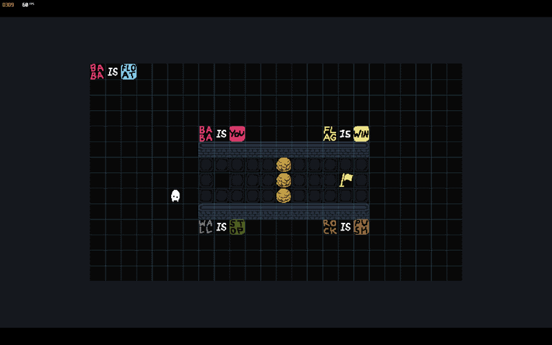 島のマップの最初のステージは「FLOAT」(浮遊)のルールをステージ内で解説するチュートリアルのようなステージだ。「BABA IS FLOAT」が変更不能な左端に設定されており、このまま進めるとゲームがクリアできない。なぜならBABAが浮いてしまっているため、そのままだと旗に触れられないのだ。正解はいくつかあるが、ポイントは「BABA IS FLOAT」だが、逆に言えば「BABA」以外は浮いていないという点だ