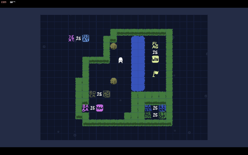 本作のユニークなところは同じようなオブジェクト構成のステージであっても、ルール1つ変わることで、攻略パターンも全く別の物に変化することだろう。分かりやすい例として、このステージはルールの文言オブジェクトを示す「TEXT」が「FLOAT」(浮遊)している。そのため、「ROCK IS PUSH」の文字オブジェクトを水に沈めて埋めることができない。このステージはそのまま岩を沈めて水を埋めることでクリアできる