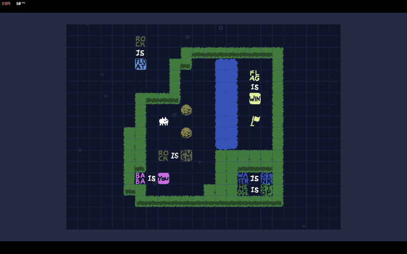 見た目はほぼ同じだが今度は「ROCK IS FLOAT」となっており、このルールにより岩が浮いているため、岩を使って水を埋められない。この場合は、「ROCK IS PUSH」の文字オブジェクトで水を埋めればクリアできる